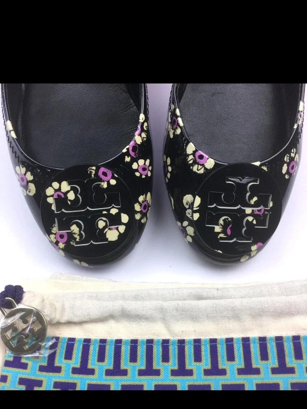 Tory Burch Black Patent Floral Ballet Flat with Logo Medallion